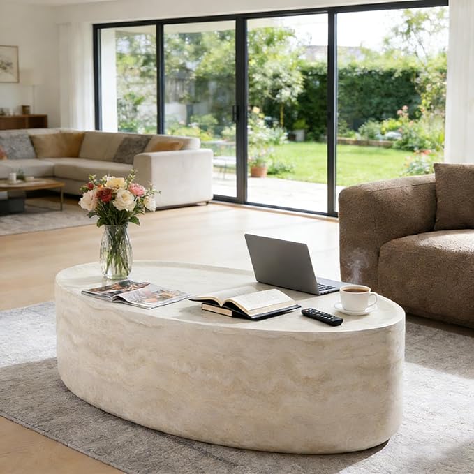 43.7” Oval Coffee Table, Modern Fiberglass Center Table, Faux Marble Accent Coffee Table for Living Room, Office, Apartment, Patio, No Assembly.(Mars,ø43.7 x 24.8“ x 13.77")