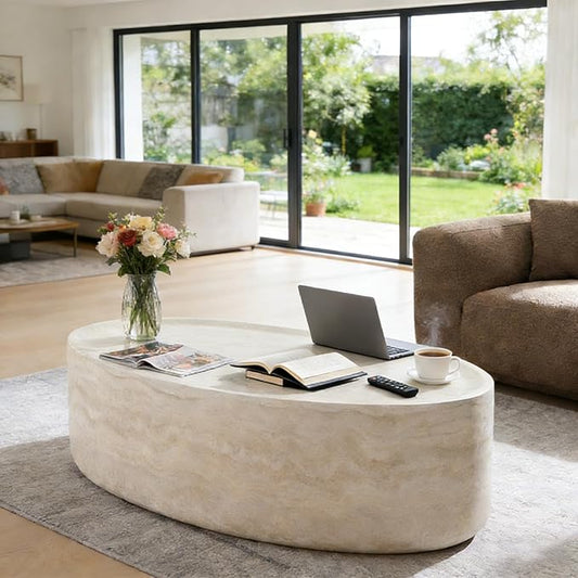 43.7” Oval Coffee Table, Modern Fiberglass Center Table, Faux Marble Accent Coffee Table for Living Room, Office, Apartment, Patio, No Assembly.(Mars,ø43.7 x 24.8“ x 13.77")