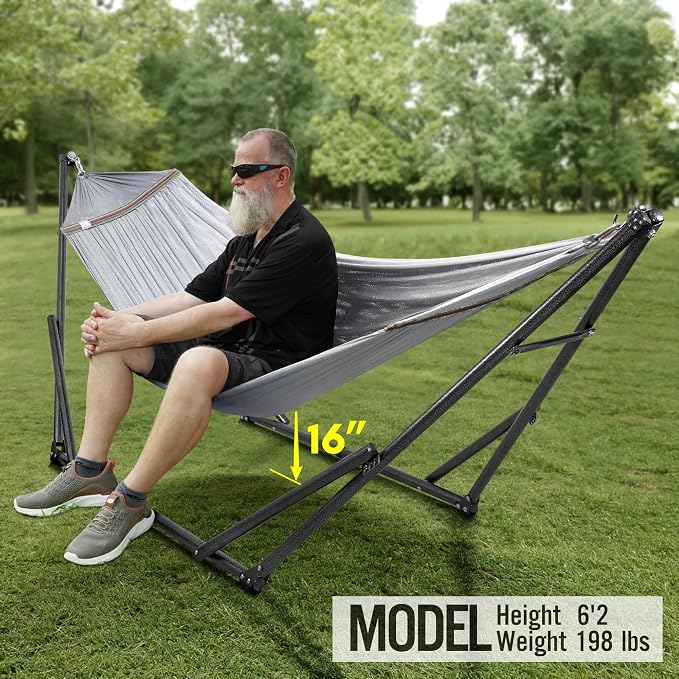 Tranquillo Universal Double Hammock with Stand Included for 2 Persons/Foldable Hammock Stand 600 lbs Capacity Portable Case - Inhouse, Outdoor, Camping, Grey - Image 9