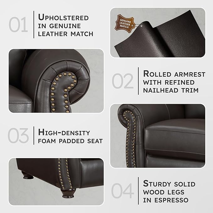 Lexicon Leather Match Couch for Living Room with Wood Frame, Rolled Armrest & Nailhead Trim, Top Grain Leather Match Sofa for Bedroom, Office, Waiting Room, 3-Seater Sofa, Dark Brown