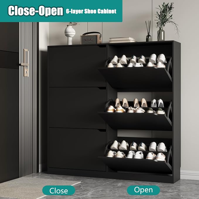 Xixini Shoe Storage Cabinet for Entryway with 6 Flip Drawers, Sturdy Wood Hidden Shoe Storage, Freestanding Narrow Slim Shoe Organizer for Front Door Entrance, Living Room, Hallway, Bedroom, Black - Image 3