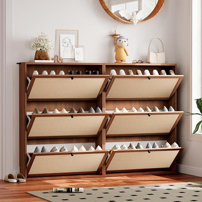 AVZEAR Narrow Shoe Storage Cabinet for Entryway with Natural Linen Panel, Freestanding Slim Shoe Cabinet with 3 Flip Drawers, Wood Shoe Organizer Closed Shoe Rack for Hallway, Living Room(Walnut) - Image 3