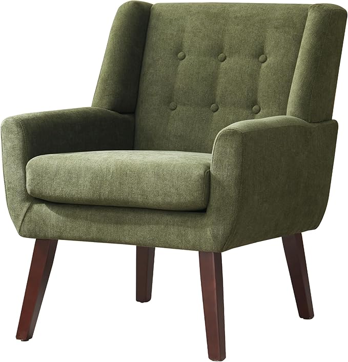 HUIMO Accent Chairs for Living Room,Button-Tufted Upholstered Armchair with Wooden Legs,Comfy Mid Century Modern Chair for Bedroom Apartment Waiting Room Green