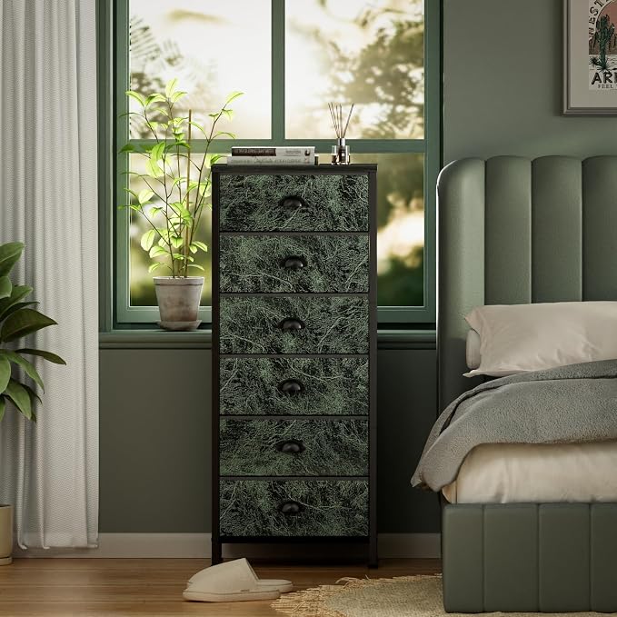 Furnulem Vertical Dresser for Bedroom,Tall Storage Tower Unit and Chest with 6 Drawers,Vintage Green Nightstand Furniture with Fabric Drawer Organizer in Dorm, Living Room,Closet,Entryway,Hallyway - Image 5