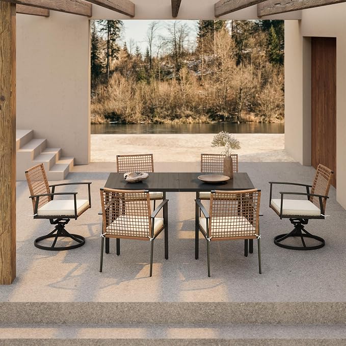 LAUSAINT HOME 7 Pieces Patio Dining Set, Outdoor Furniture Set of 6 Wicker Chairs (2 of Them Swivel) with Soft Cushion and Iron Slats Table Top with Umbrella Hole, Conversation Set for Backyard by LAUSAINTHOME
