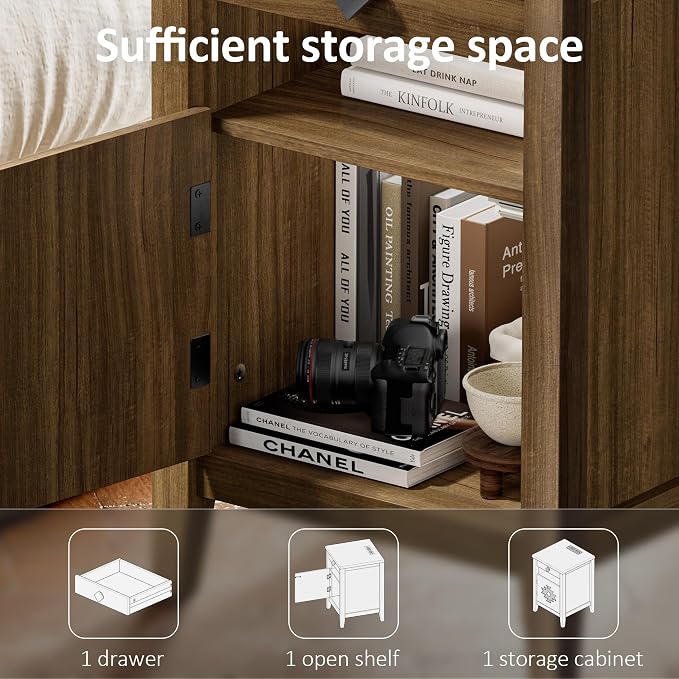 Night Stand with Charging Station and Drawers for Small Space,Wood Nightstand with Storage Cabinet & Drawer & Shelf,Modern and Farmhouse Nightstand for Bedroom,Walnut - Image 5