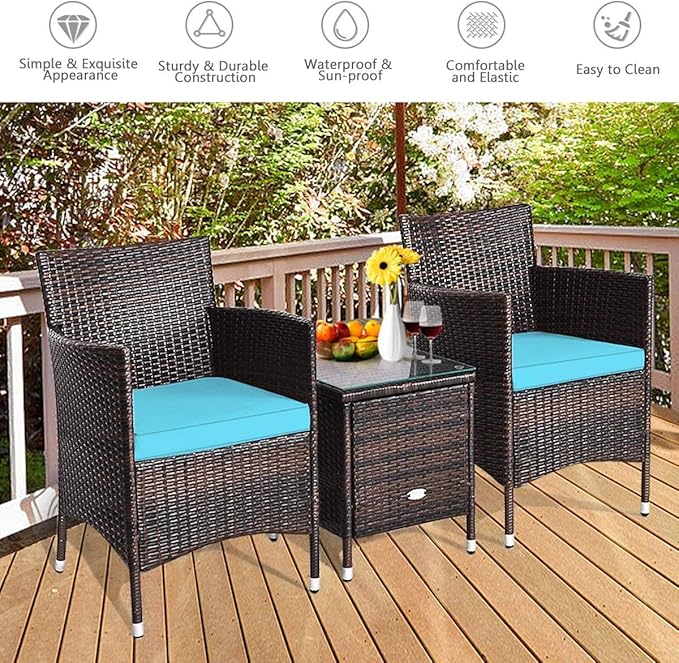 HAPPYGRILL 3-Pieces Patio Furniture Set Outdoor Rattan Wicker Conversation Set with Coffee Table Chairs & Cushions for Patio Garden Lawn Backyard Poolside