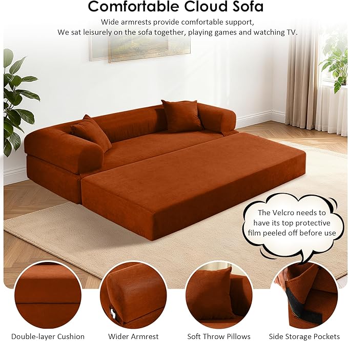 80" Convertible Sofa Bed, 3-in-1 Corduroy Folding Pull Out Couch with Pillows, No Assembly Modern Boneless Couch Compression Sofa in Box, Floor Sofa with Side Storage Pocket for Living Room, Orange