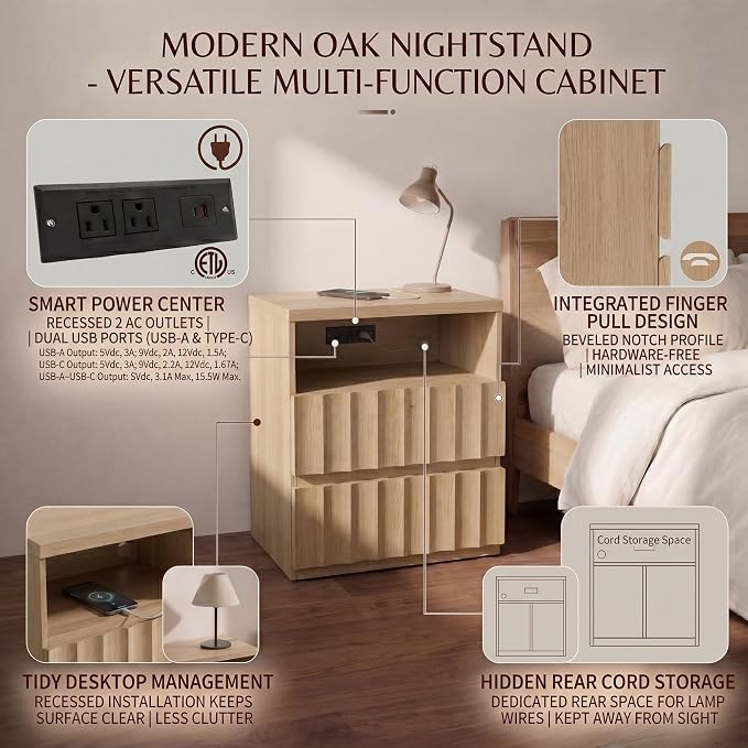VividVibe Wide Fluted Nightstand Set of 2 with Charging Station, Side Table with Discreet Rear Cord Cutouts, 2 Drawers Wooden Modern Organic End Table Bedside Table for Bedroom Home Office Light Oak - Image 3