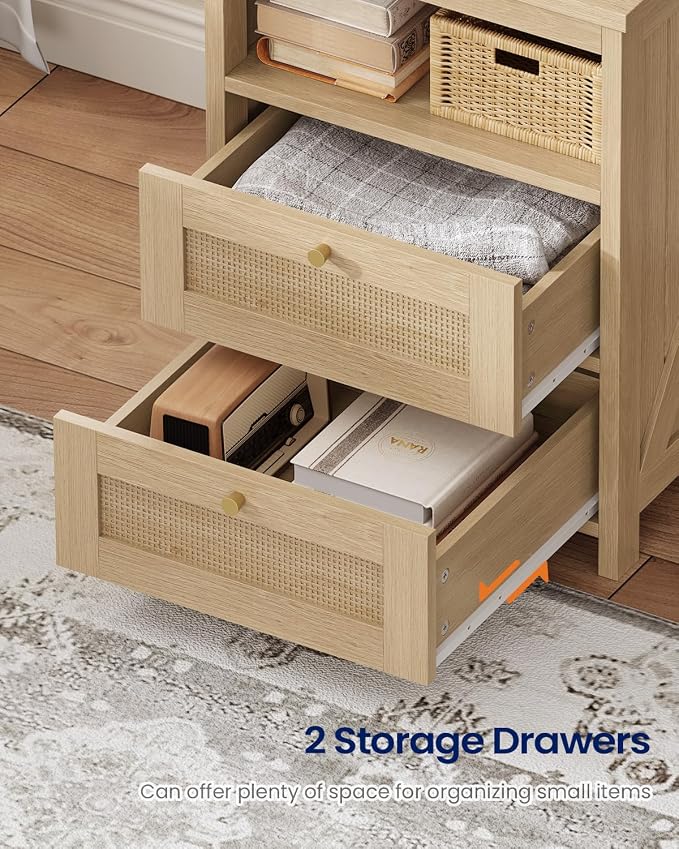 Farmhouse Tall Nightstand with Charging Station and 2 Drawers,Led Rattan Night Stand with Bookshelf,Bedside End Side Table with 6 Hooks and Storage Shelves for Bedroom,Wood - Image 6