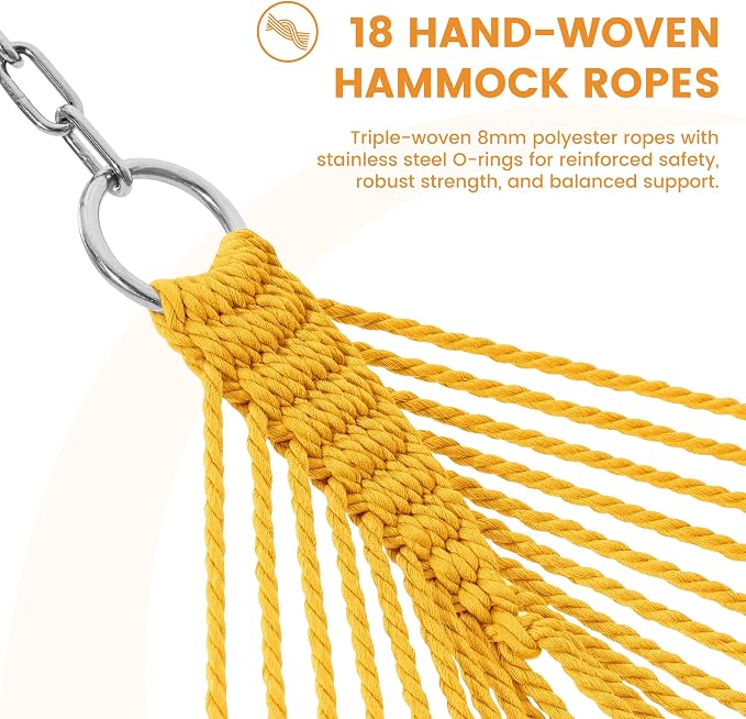 Lazy Daze Hammocks 10.5 FT Double 2 Person Caribbean Rope Hammock, Hand Woven Polyester Hammock with Spreader Bars, for Outside Outdoor Backyard Patio Poolside, 450 LBS Capacity, Yellow - Image 4