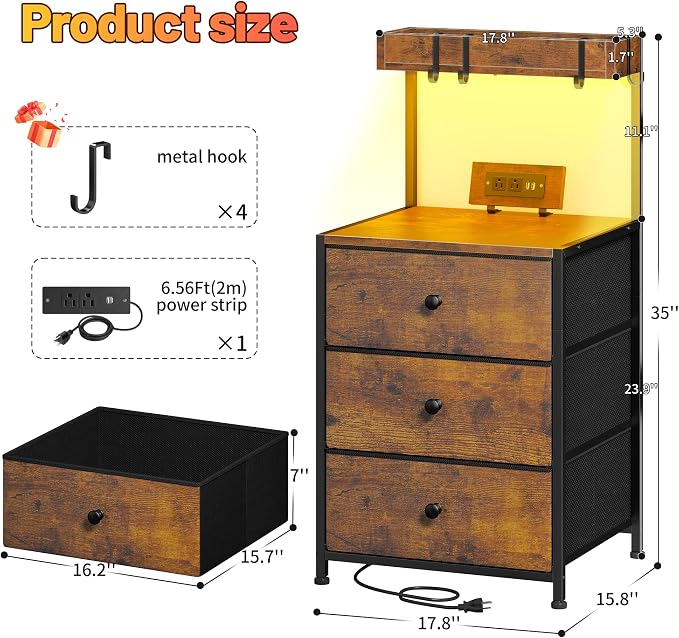 EnHomee Nightstand with Charging Station & LED Lights, Nightstand with 3 Fabric Drawers, Bedside Table for Bedroom, Entryway, Hallway, Closet, 4 Hooks, 1 top Shelf, Rustic Brown - Image 2