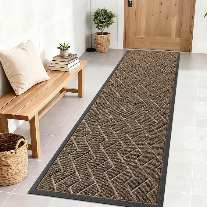 OLANLY Front Door Mat Indoor Outdoor Entrance, Waterproof All-Season, All-Weather Doormat, Sturdy Natural Rubber, Low Profile, Easy Clean Patio Porch Entryway Mat, Herringbone Brick (Brown, 71x23) by OLANLY
