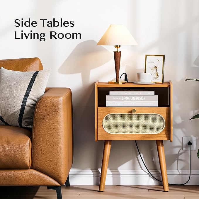 JOINICE Night Stand Set 2, Mid Century Modern Nightstands Drawer, Rattan Bedside Table with Charging Station, Boho End Table with Storage, Wood Bed Side Tables for Bedroom, Small Space, Cherry - Image 8