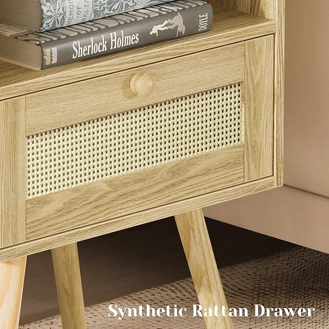 SUPERJARE Nightstand with Charging Station & Rattan-Like Decor Drawer, Rattan End Table with Solid Wood Feet, Bed Side Table with Open Storage, for Bedroom, Living Room, Dormitory - Natural - Image 7