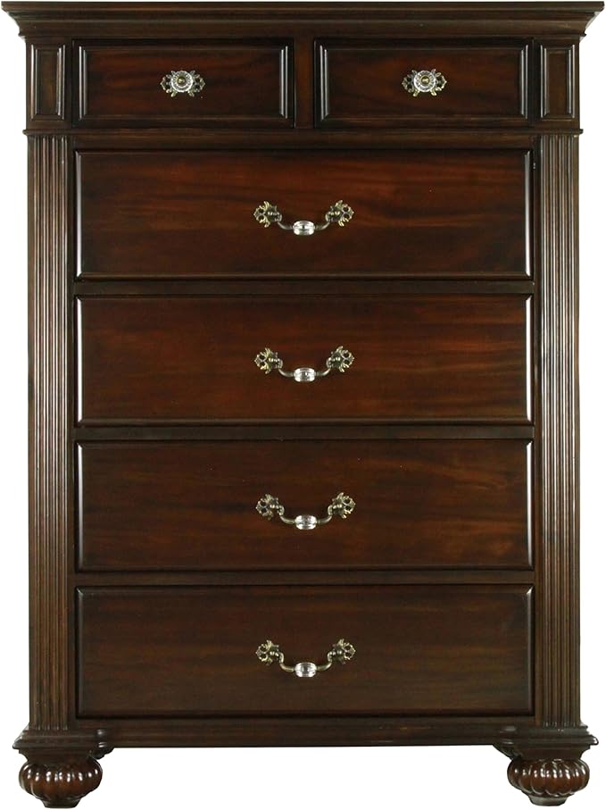 24/7 Shop at Home Syracuse 6-Piece Traditional Solid Wood Bedroom Set with Chest, Mirrored-Dresser and 2 Nightstands, Box Spring Required for Bedroom, Guest Room, Queen, Walnut