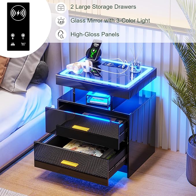 HNEBC LED Nightstand with Charging Station (USB,Type-C Ports) High Gloss Bedside Table with 2 Drawers, Smart Night Stand with Auto Sensor Lights,Modern Bed Side Table for Bedroom (Black) - Image 6