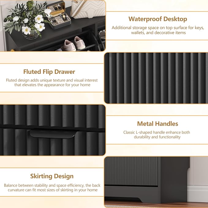 HUANLEGO Shoe Cabinet Storage for Entryway with 4 Flip Drawers, Black Fluted Shoe Cabinet with Adjustable Shelves, Wooden Hidden Shoe Rack Freestanding Narrow Slim Shoes Storage for Hallway, Entrance - Image 5