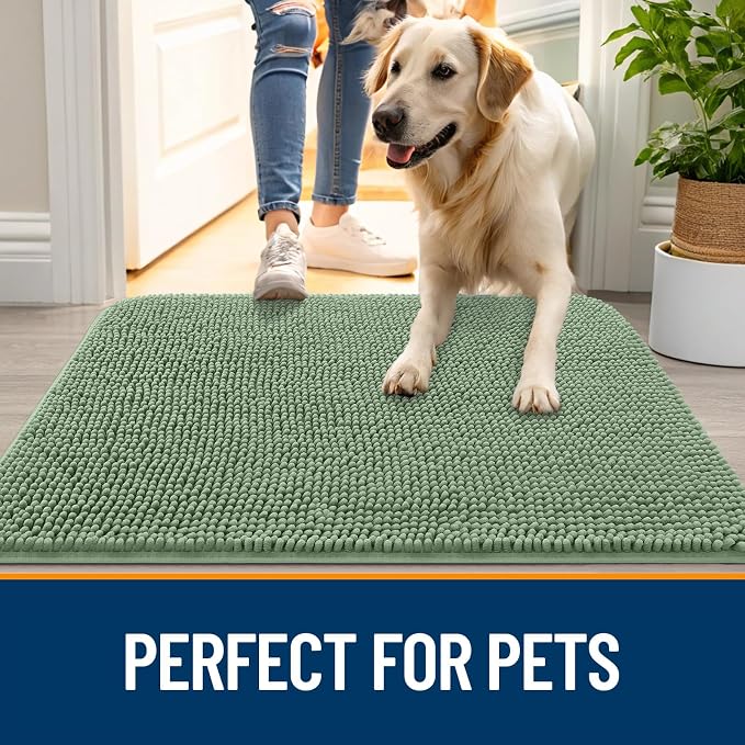 OLANLY Dog Door Mat for Muddy Paws 35x24, Absorbs Moisture and Dirt, Absorbent Non-Slip Washable Doormat, Quick Dry Chenille Mud Mat, Entry Indoor Entryway Carpet for Inside Floor, Olive Green - Image 6