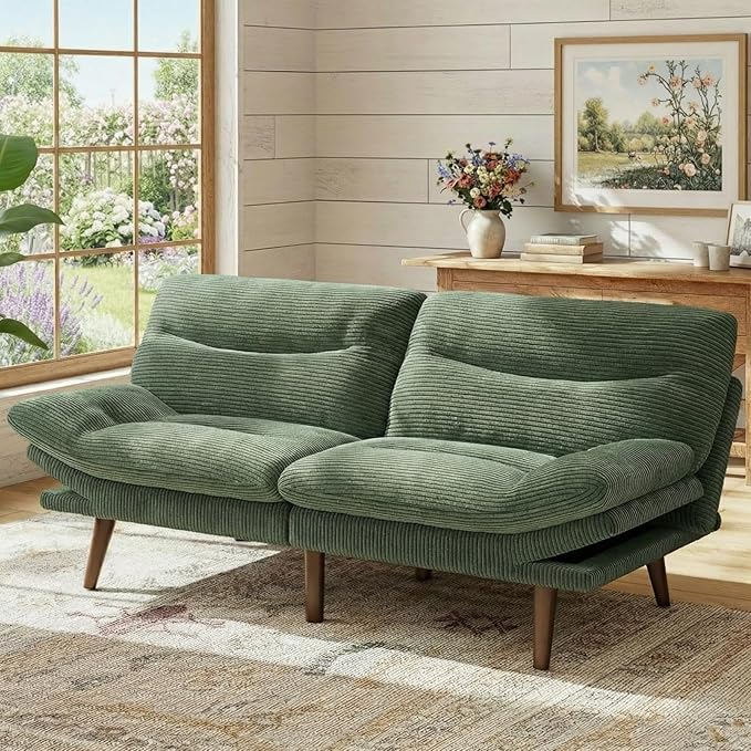 Marsail 74.8" Futon Sofa Bed, Corduroy Convertible Futon Couch with Adjustable Backrest & Armrests, Small Sleeper Sofa Loveseat for Small Apartments, Study Room, Office, Green