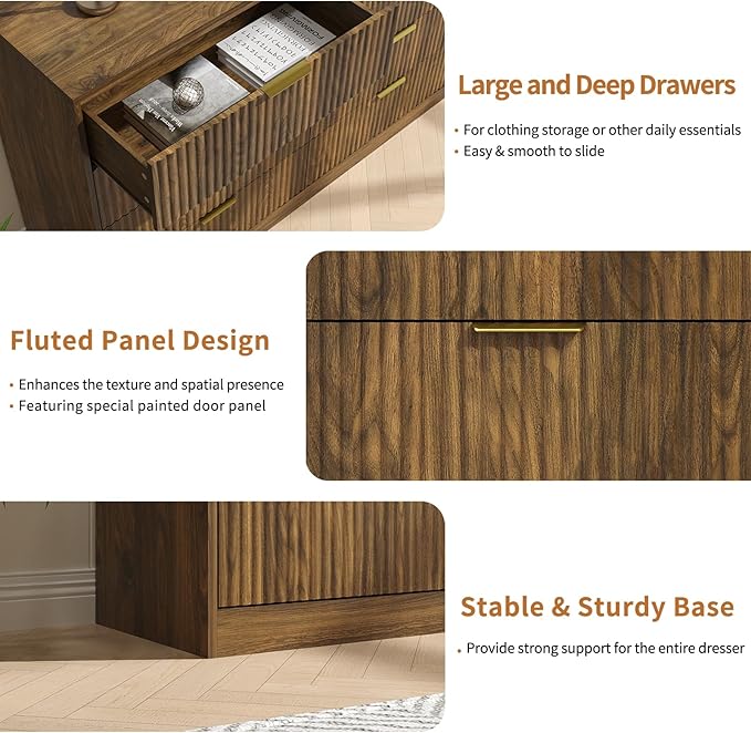 Dresser for Bedroom Set of 2, Large Dresser with 16 Drawers, Fluted Modern Bedroom Furniture Set, TV Stand Dressers & Chests of Drawers for Closet, Walnut(15.7" D x 110.2" W x 36" H)