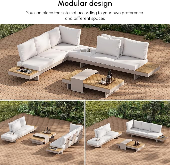 homary 6 Piece Aluminum & Teak Outdoor Sofa Set, Patio Conversation Sets Modular Outdoor Sofa with Covers, Waterproof, Fade Resistant Cushions Ideal for Patios & Balconies, Light Gray