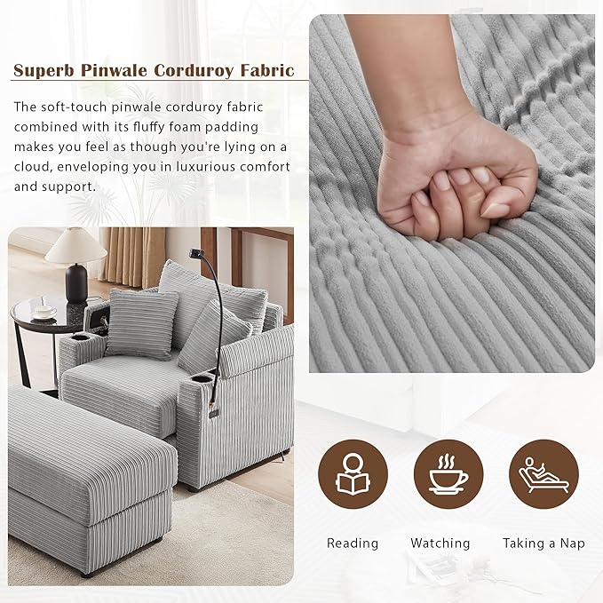 Merax Modern 41.7" Chaise Lounge with Pillows, Charge Station & Cup Holders,Upholstered Sofa Recliner Chair with Ottoman for Living Room Bedroom Gray