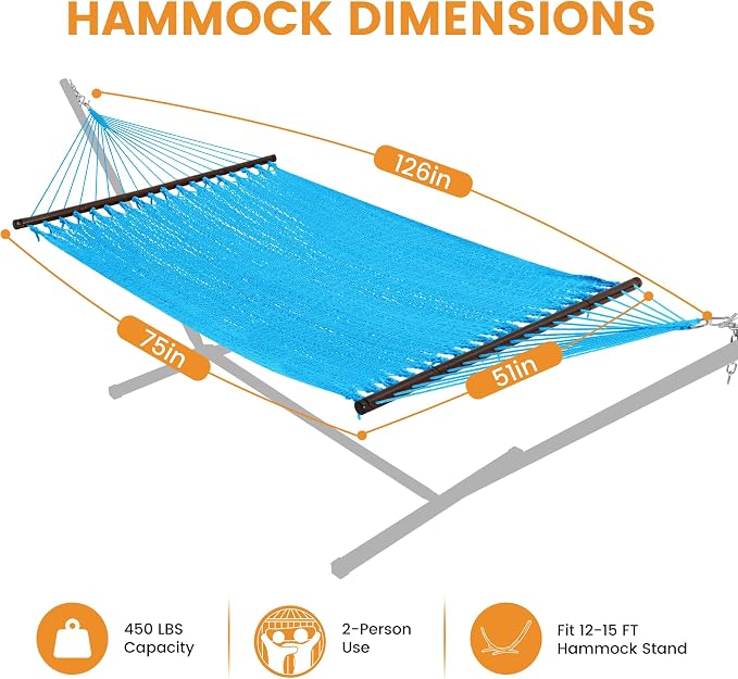 Lazy Daze Hammocks 10.5 FT Double 2 Person Caribbean Rope Hammock, Hand Woven Polyester Hammock with Spreader Bars, for Outside Outdoor Backyard Patio Poolside, 450 LBS Capacity, Sky Blue - Image 6