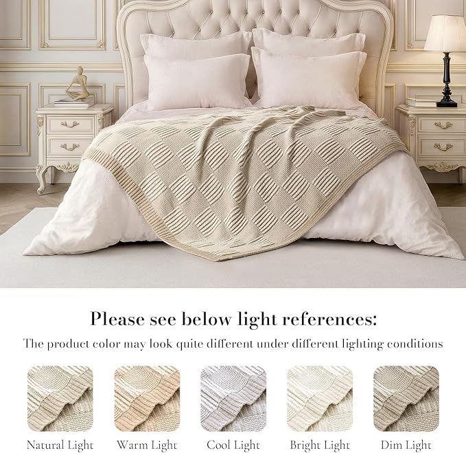 Amélie Home Knit Throw Blanket, Soft Chenille Cozy Breathable Pineapple Chunky Decorative Blanket for Couch, Bed & Sofa, French-Inspired Lightweight Warm Gift for Women, Beige, 50"x60"
