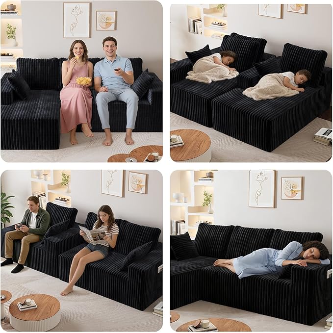 96" Cloud Sectional Couches for Living Room, Modular Sectional Sofa with Chaise, Upholstered Boneless Couches, Comfy Flannel Fluffy Couch with Pillows and Side Pockets No Assembly(Black)