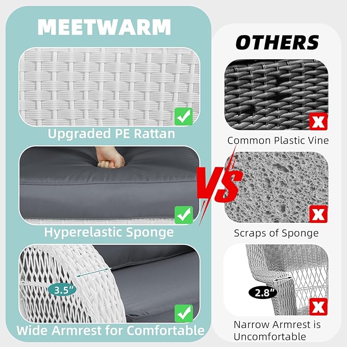 MEETWARM 5 Pieces Outdoor Patio Rattan Furniture Sets, All Weather Patio Wicker Conversation Set - 2 Rocking Swivel Chairs 1 Rattan Loveseat Glider with Cushions, 2 Coffee Table, White Wicker/Grey