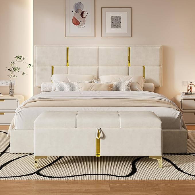 Harper & Bright Designs Queen Size Platform Bed with Lift Up Storage and Ottoman Bench, Velvet Upholstered Queen Bed Frame with Headboard, 2-Pieces Queen Bedroom Sets, Easy Assemble, Beige