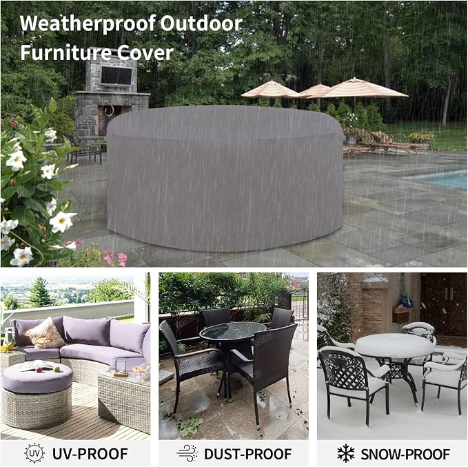 Easy-Going 600D Heavy Duty Round Patio Furniture Cover, Outdoor Table and Chair Set Cover, Waterproof Outdoor Sectional Furniture Set Cover (72"DIAx 28"H, Grey) - Image 6