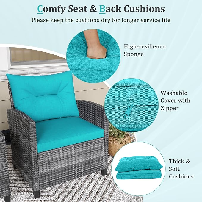 KOTEK 3 Piece Patio Furniture Set, Outdoor PE Rattan Conversation Set with Washable Cushions & Tempered Glass Tabletop, Wicker Chairs and Table Set for Porch, Garden, Balcony (Turquoise)