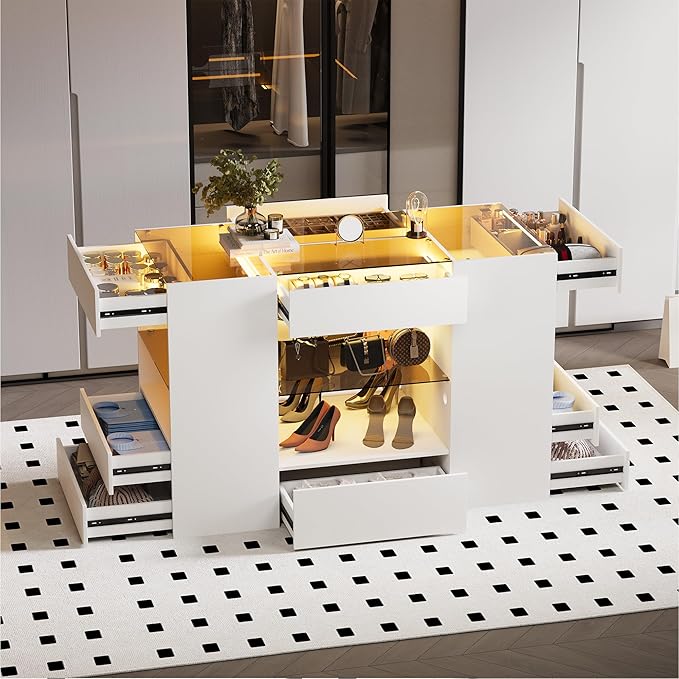 Kikihouse Modern Closet Island with 10 Drawers, LED Wardrobe Armoire Island with Glass Top, Luxury Walk-in Closet Island Storage Cabinet with Display Shelf for Cloakroom (White+Amber Glass)