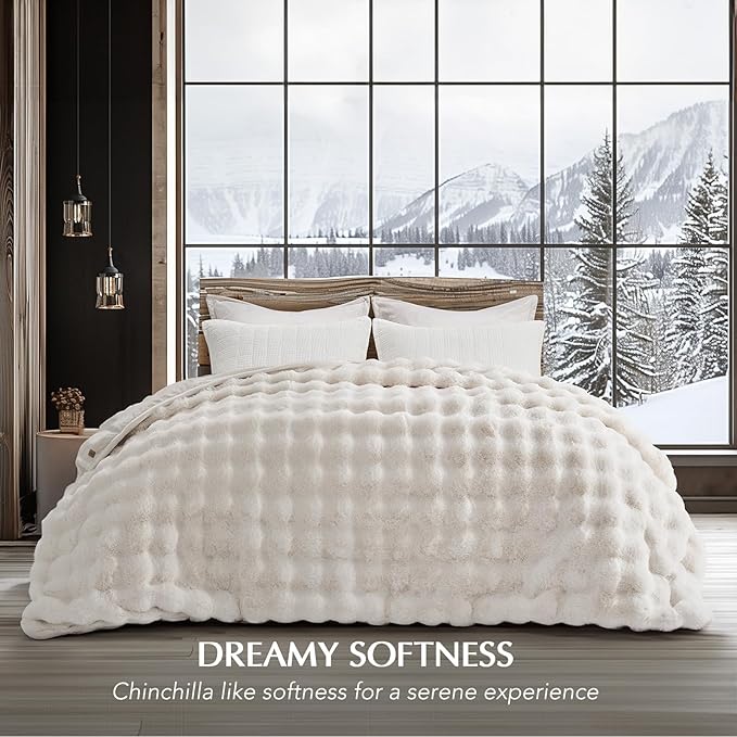 EverGrace Ultra Soft Luxury Fluffy Faux Rabbit Fur Throw Blanket, Thick Warm Bubble Throw for Bed, Cozy Plush Reversible Blankets for Couch, Chair, Sofa, Ivory White, 80x90 Inches