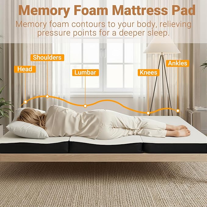 Foldable Mattress Queen, Memory Foam Tri-Fold Mattress with Removable Washable Cover, 4 inch Folding Mattresses Floor Bed Sleeping Pad for Guest, RV, Travel, Camping, White, 78"x58"x4"