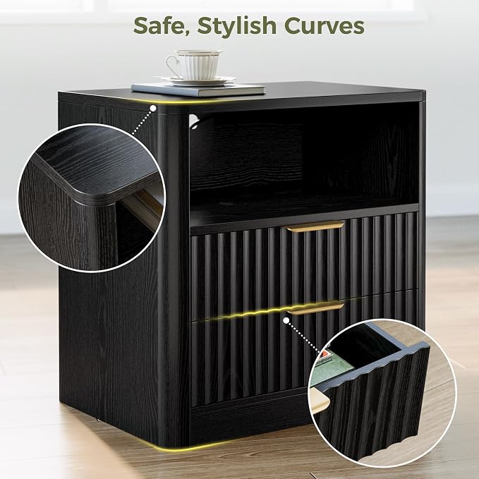 IRONCK Fluted Night Stand, Modern Nightstand with Charging Station, Drawers and Open Shelves - Bedside Table Wood Side Table for Bedroom, Black - Image 7