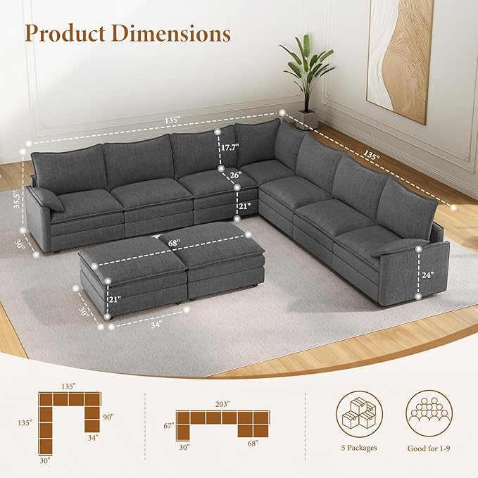 Vesgantti Large Modular Sectional Sofa, Big Comfy Cloud Couch with Ottoman Deep Seat Chenille Cloud Sofa, 9 Seater Large Sectional Couches for Living Room, Bedroom and Apartment, Gray
