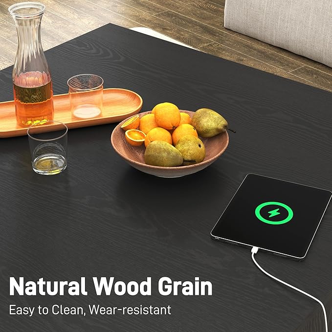 32" Mid Century Modern Coffee Table for Living Room, Square Center Table with LED Light & Power Outlet, Cocktail Table with Storage, 2-Tier Minimalist, Deep Beveled Edge, Wood Thick Design, Black