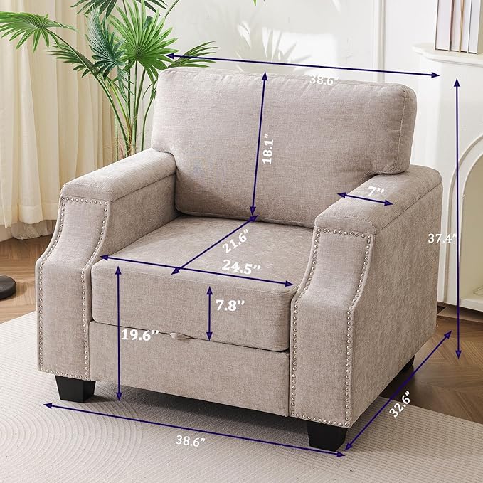 Oversized Accent Chair with Seat Storage,Comfy Living Room Chairs with Armrest Organizer,Oversize Armchair,Upholstered Big Reading Chair,Single Sofa Chair for Bedroom,Velvet,Khaki