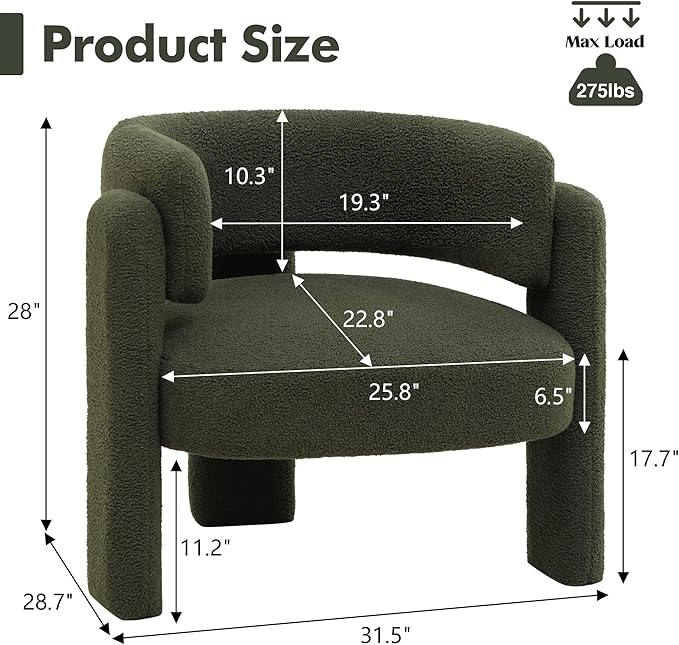Accent Chair for Living Room, Modern Sherpa Barrel Chair, Upholstered Living Room Chairs with 3 Legs, Comfy Armchair Reading Side Chair for Bedroom, Office, Apartment, Green