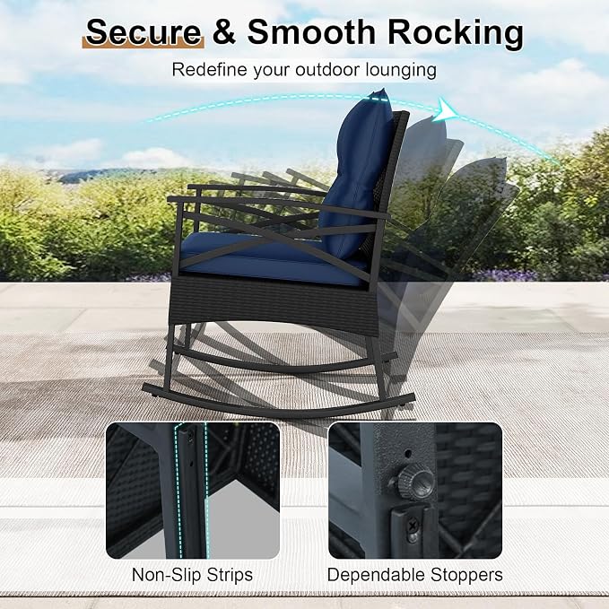 Tangkula 3 Pieces Outdoor Rocking Chairs Set, Rattan Heavy Duty Cushioned Rocker Chairs with 2-Tier Tempered Glass Coffee Table, for Garden, Balcony, Backyard (Black+Navy) - Image 4