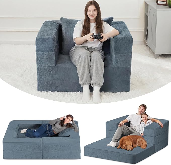 Folding Bean Bag Chair for Adults,3-in-1 Bean Bag Couch Faux Fur Floor Sofa Large Beanbag Convertible Bean Bag Sofa Bed with Pillow in Bedroom,Living Room,Apartment(Twin,Gray)