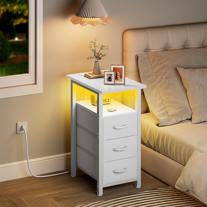 Vagusicc White Nightstand with Charging Station and LED Lights, Narrow End Table, LED Nightstand with 3 Fabric Drawers for Bedroom, Small Bedside Table, Narrow Side Table for Small Spaces, White - Image 8