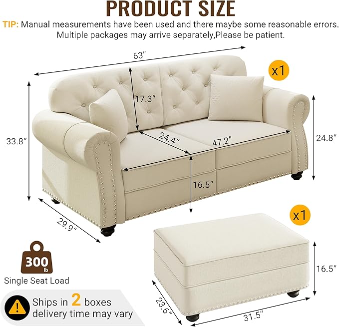 KEIKI 63" Velvet Chesterfield Sofa with Rolled Arms & Nailhead Trim & 1 Ottoman, Modern 2-Seater Button Tufted Couch with High Resilience Cushion & 2 Pillow, Easy Assembly, for Living Room, White