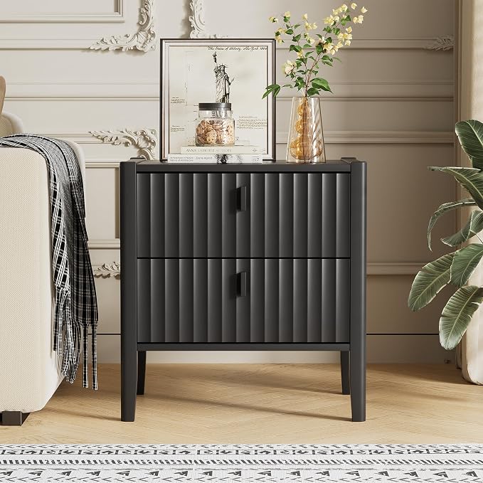 Furniway Nightstand Set of 2, Modern End Table with Solid Wood Legs, Bedside Table with 2 Drawers and Metal Handles for Bedroom, Black - Image 7