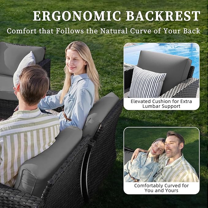 UDPATIO Patio Furniture Set with Fire Pit Table, Rocking Swivel Chairs, 5 Pieces Outdoor Furniture Sets, All-Weather Wicker Outdoor Sectional Sofa with Waterproof Cover, 4'' Thickened Cushion, Grey