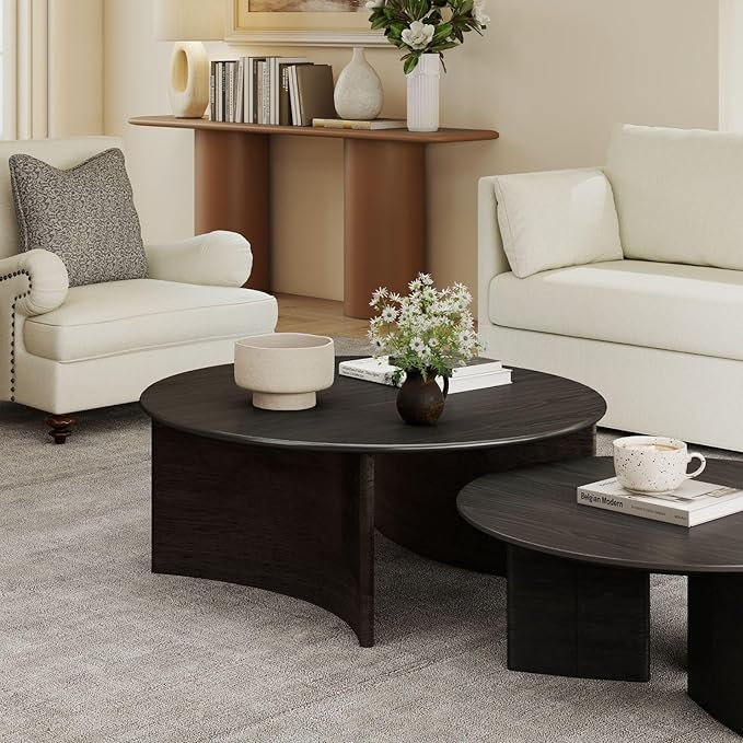 31.5'' Round Coffee Table, Black Circle Coffee Table with Curved Base, Solid Wood, Ideal for Living Room, Apartment, Compact Place