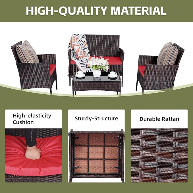 Patio Furniture Set,4 Piece Garden Conversation Set, Outdoor Wicker Rattan Table and Chairs, Black Patio Set, Sectional Sofa with Thick Cushion for Garden, Yard, or Porch (Brown/Red)